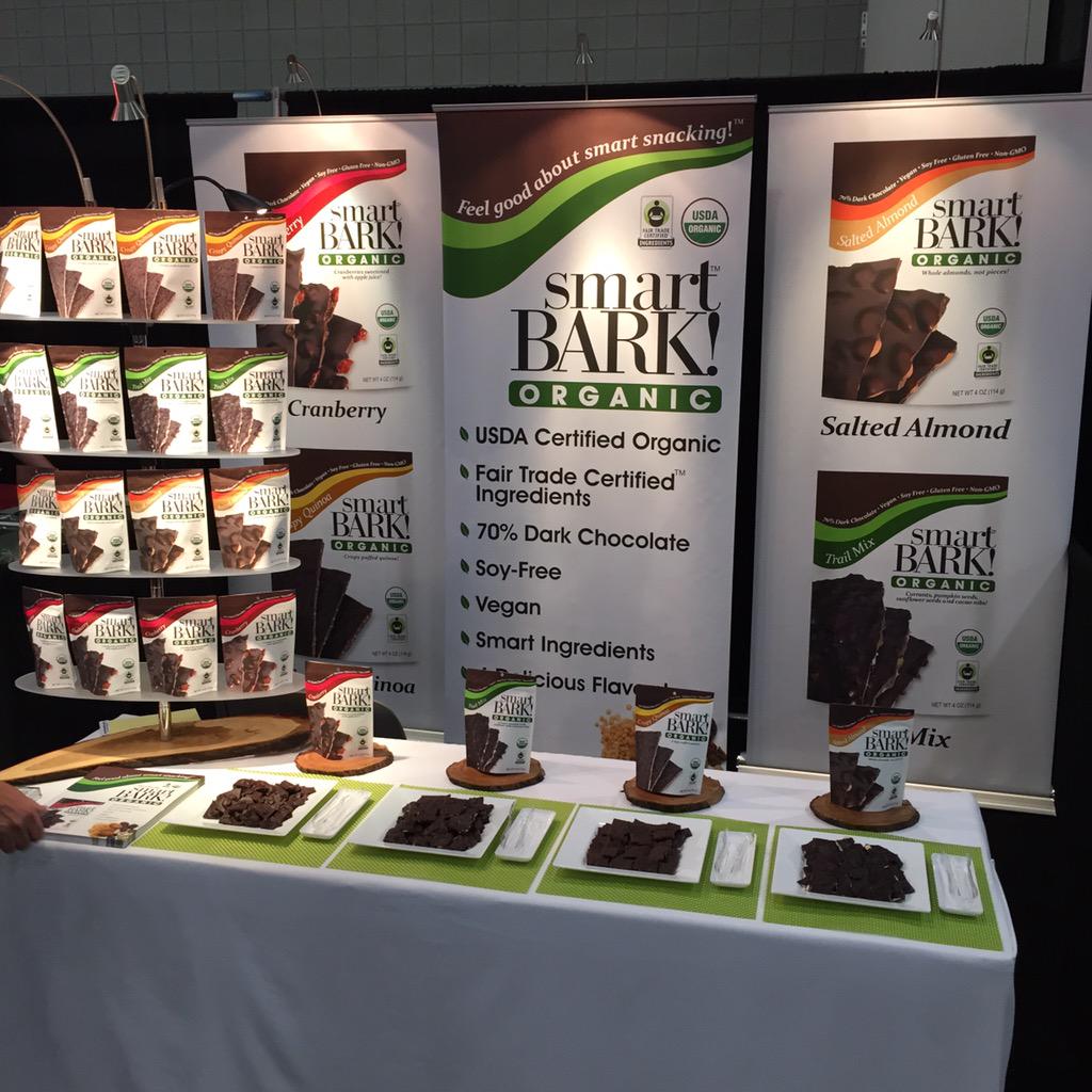 SmartBark's tweet photo. Introducing #smartBARK at the #SFFS15! #darkchocolate #organic #soyfree #fairtrade #vegan #feelgoodaboutsmartsnacking http://t.co/y6Pjw48PtJ