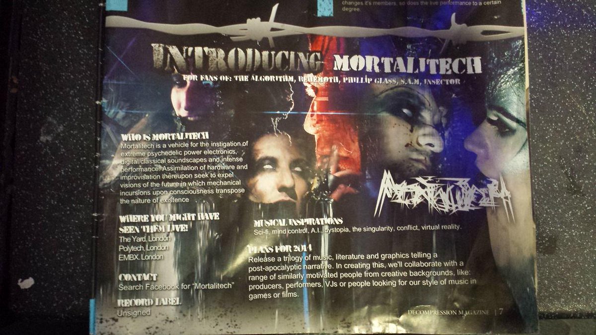 AnooshkaNereid's tweet photo. @MORTALITECH in #DecompressionMagazine for fans of @BehemothBand #PhillipGlass #Insector @The_Algorithm #singularity http://t.co/ihv6Vtsaxn