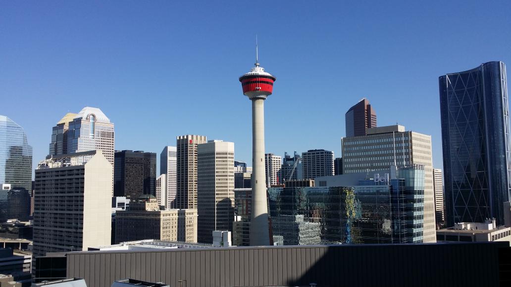 Purrcy_Cat's tweet photo. Love being back home after my Scotland trip. Look at how blue the sky is! #yyc #CalgaryTower http://t.co/eTD9CuJK5u