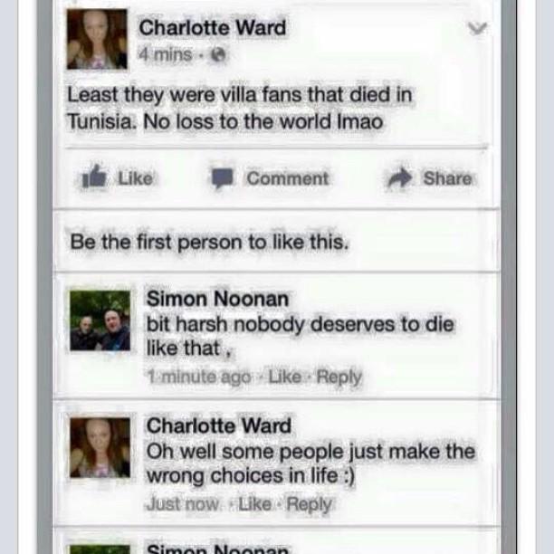 avtv's tweet image. There really are some disgusting bellends in this world...
#Tunisia #AVFC #BCFC #SICK #CHARLOTTE #WARD #IS #A #BELL…
