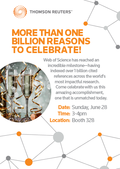 ClarivateAG's tweet photo. At #ALAAC15? Join us at 3pm for champagne as we celebrate having indexed over 1 billion cited references! #WoS1B http://t.co/HtFCXEpOSc