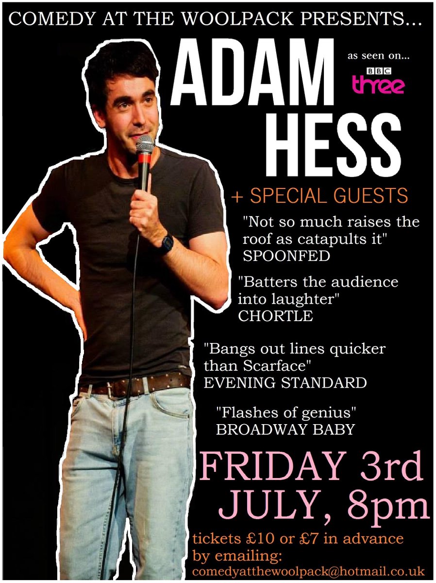WoolpackComedy's tweet image. Our next night @the_woolpack is this Friday with Adam Hess! Get tickets by emailing comedyatthewoolpack@hotmail.co.uk