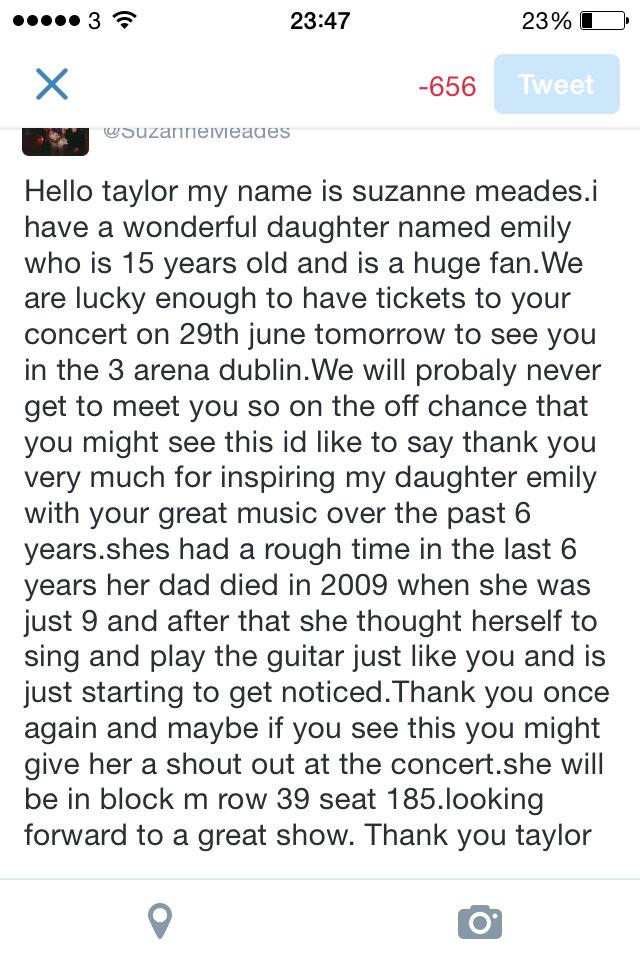 SuzanneMeades's tweet photo. @taylorswift13 this is not just a picture this about my daughter and how you have helped over the last 6 years 😊 http://t.co/Np2gfPZPhx