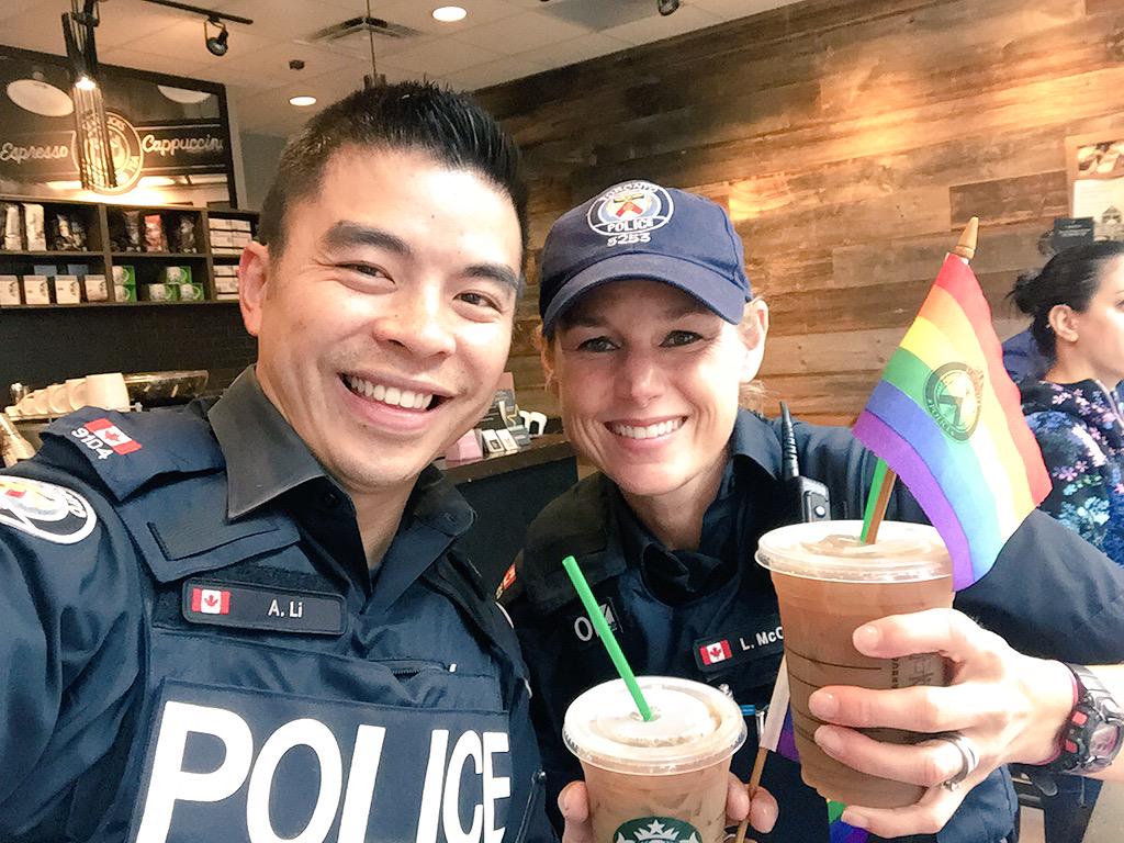 AlexLiComms's tweet photo. Gotta have our #PrideCoffee right Laurie? @thecoffeecop @StarbucksCanada @TorontoPolice #PrideTO2015 @PrideToronto http://t.co/jEO8AnneYj