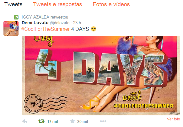 portallovato's tweet photo. Iggy Azalea retweetou o tweet de Demi, referente ao seu novo single Cool For The Summer. #3DaysUntilCoolForTheSummer http://t.co/zDAVYG9BTv