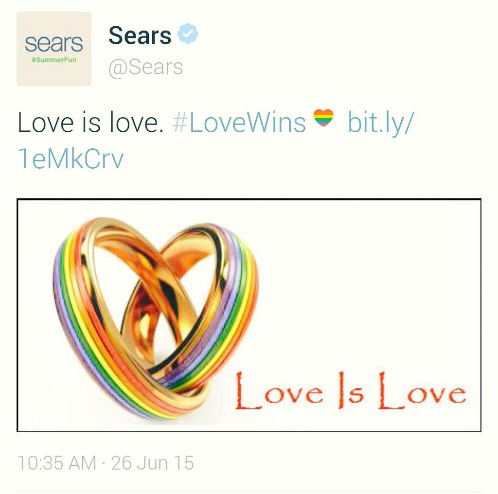 Sears_Probs's tweet photo. THIS IS NOT A #SearsProblem!!!! I was so happy when I saw this. #LoveWins http://t.co/GHyCnM8qoO