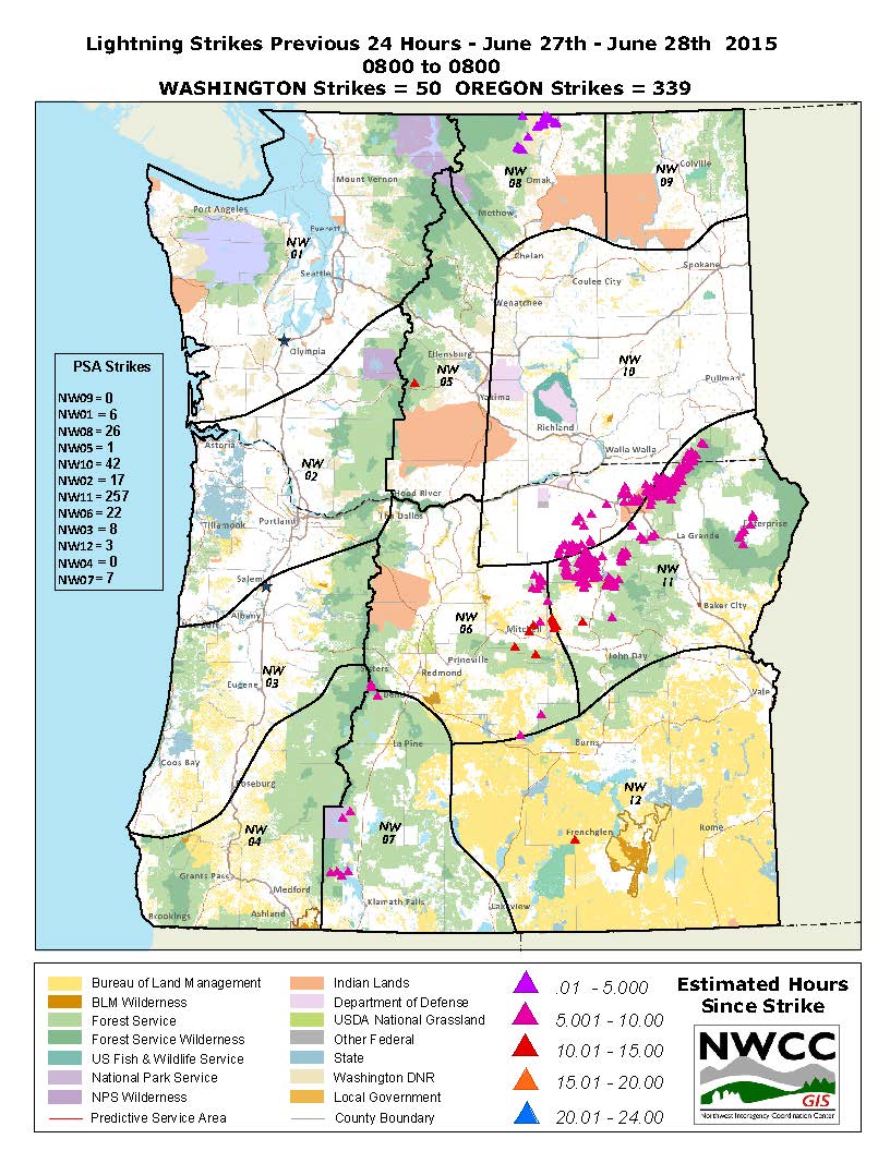 NWCCInfo's tweet image. NW lightning map from 8 a.m. June 27 to 8 a.m. on June 28 nwccinfo.blogspot.com, gacc.nifc.gov/nwcc/