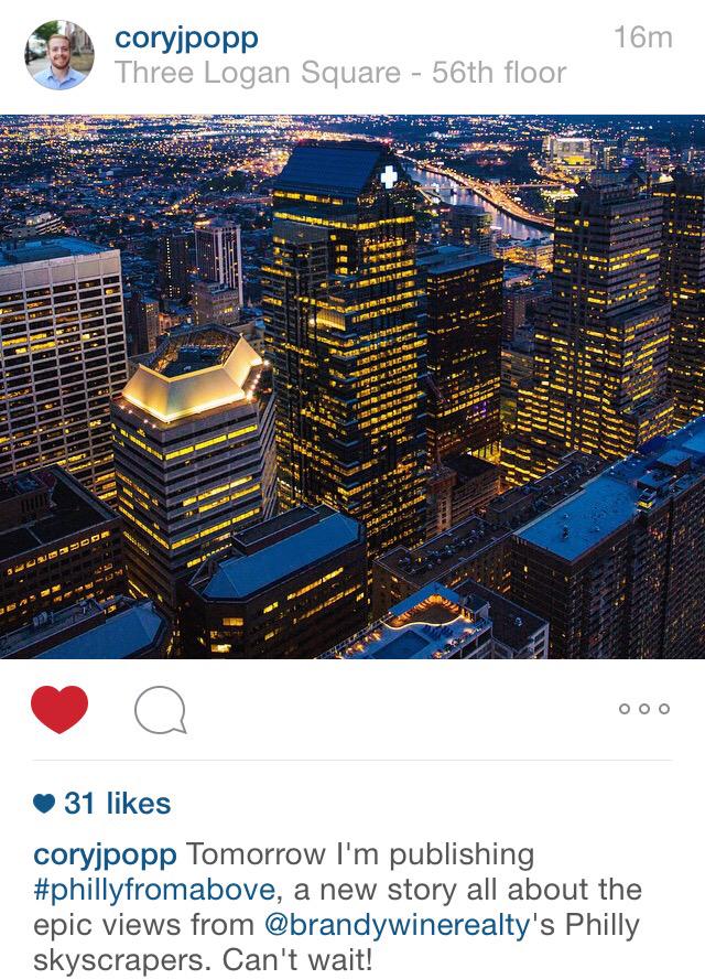 BrandywineRlty's tweet photo. #PhillyFromAbove debuts in 4K video tomorrow. Witness the magic of summer in the city from the highest points in PHL. http://t.co/Ob4R1VALtf