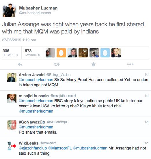 fasi_zaka's tweet photo. Wikileaks official just contradicted M. Lucman's claim  that Assange personally told ML that MQM took Indian money http://t.co/u9zlNh2IWn