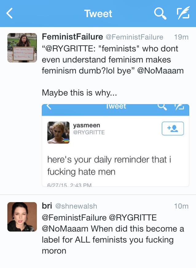 FeministFailure's tweet photo. “@shnewalsh: @NoMaaam When did this become a label for ALL feminists u fuckin moron”

You answered your own question. http://t.co/3ygjaON7HB