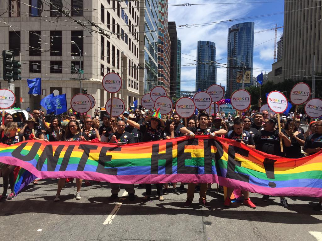 UniteHereL2's tweet photo. It's #SFPride2015 and workers are out in the street! #EndJobDiscrimination @UNITEHERE_19 @unitehere #1u http://t.co/471rqN03oI