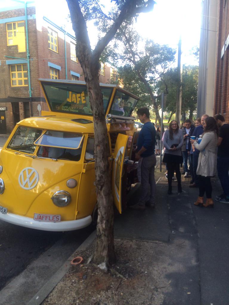 UMAustralia's tweet photo. Cheese Louise! @TwitterAU and @jafejaffles delivering us some cheesy jaffle goodness! http://t.co/1bt33CKqdl