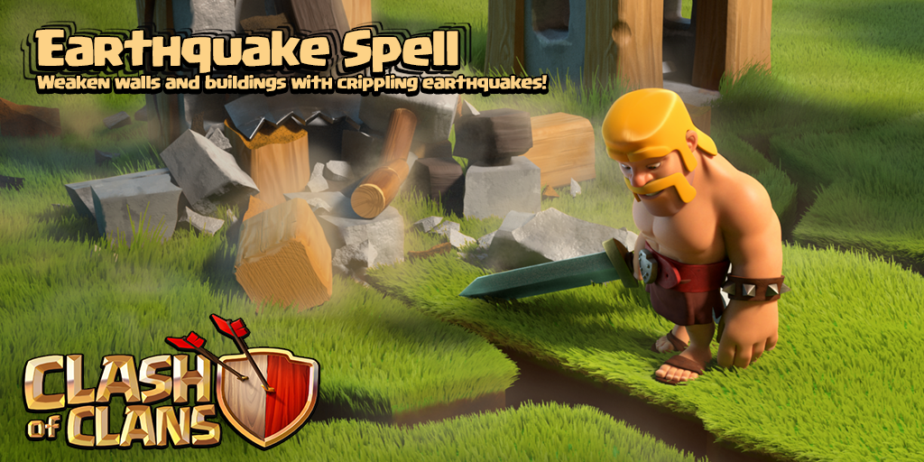 ClashofClans's tweet image. Earthquake Spell: Rattles away the hitpoints from buildings and Walls! See how it works: supr.cl/Earthquake