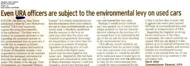 URAuganda's tweet photo. @URA_CG responds: Rationale of Tax on old cars & Environmental protection @newvisionwire pg 21 #In_The_Press today http://t.co/Kl9lc5WwCI