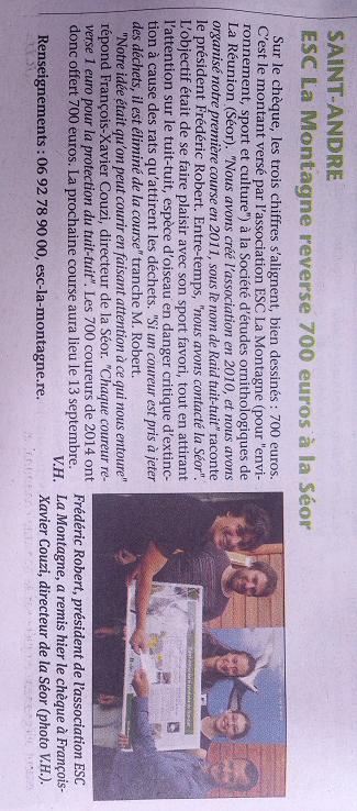 ESC La Montagne remet un chèque à la SEOR pour la conservation du Tuit-tuit  #LaReunion