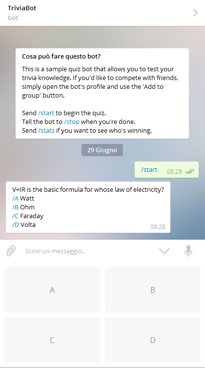 telegrambots's tweet photo. Trivia bot for Telegram #telegrambots
https://t.co/TQLTR9AclL http://t.co/wzAqpzfXu3