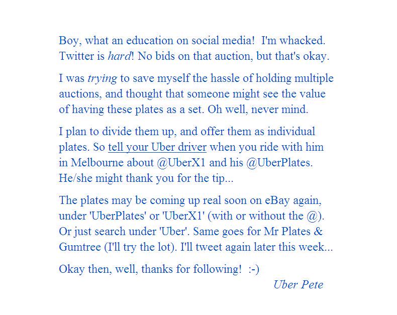 uberX1's tweet photo. Well, I gave it a shot (read pic below).
I'll divide these plates up &amp; list them on eBay, Gumtree &amp; maybe Mr Plates. http://t.co/cECfBREqb8