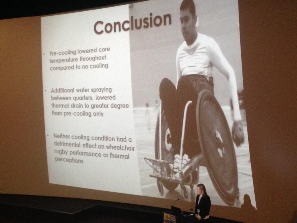 JoeCostelloPhD's tweet photo. Nice presentation by @KatyGriggs on the benefits of precooling&amp;cooling during play on wheelchair rugby @ICEE2015Ports http://t.co/OrDw7MaAKQ
