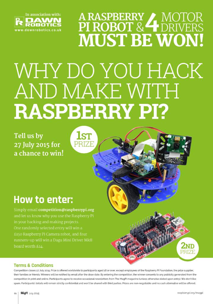 rpimagazine's tweet image. Win this bloomin&apos; marvellous #RaspberryPi robot from @dawnrobotics. Here&apos;s how to enter: raspberrypi.org/magpi/issues/35