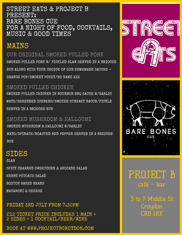 CroydonStEats's tweet photo. Gonna be a hot one this week. Not as HOT as @BareBonesCue at @ProjectBCroydon Fri 3rd Jul #StreetFood #Vibes #Croydon http://t.co/tro3EUSsKQ