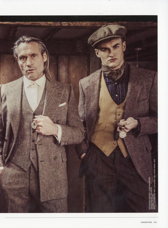 Edward Sexton three piece Irish Donegal tweed suit, and  Edward Sexton mustard brushed cotton u-shapped waistcoat