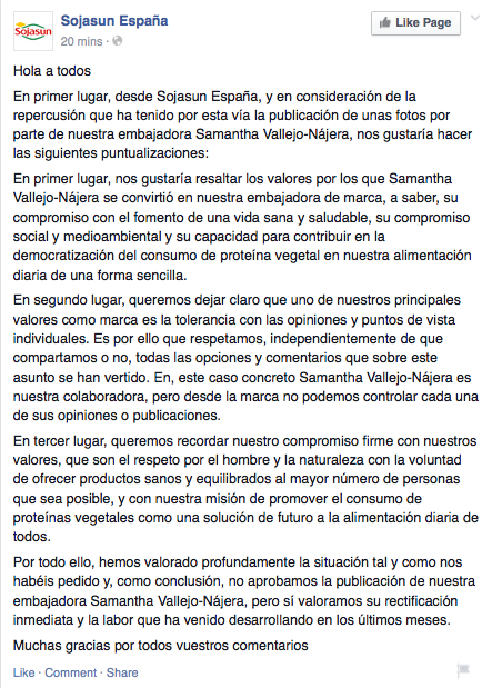 paulaGlezC's tweet photo. A @SojasunES le parece bien q @SamySpain siga siendo su imagen de marca porque 'ha rectificado' sobre publicar esto: http://t.co/Q774U03MlS