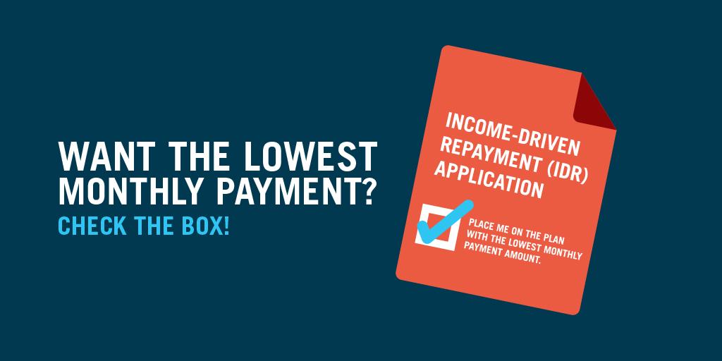 FAFSA's tweet image. Want the lowest monthly student loan payment? An IDR plan can make that happen. 1.usa.gov/1HXAJh6