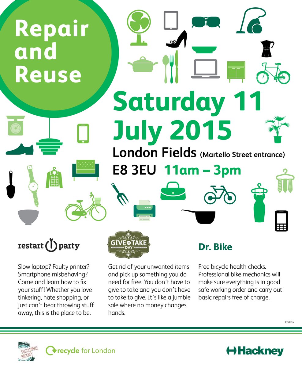 greenerhackney's tweet image. Free electrical repairs, bike servicing &amp;amp; a cashless jumble sale at London Fields Sat 11 July
bit.ly/1NtOJ1K