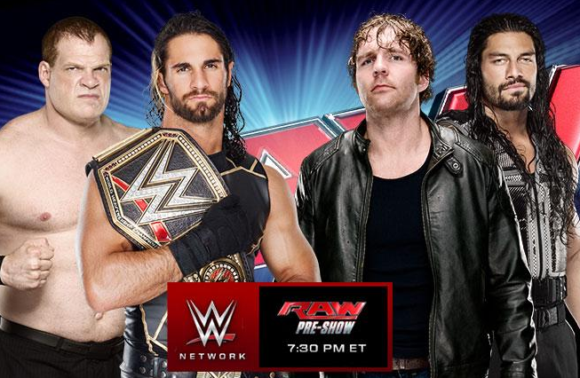 WWE's tweet photo. TONIGHT @WWERollins &amp; @KaneWWE take on @TheDeanAmbrose &amp; @WWERomanReigns LIVE on #Raw at 8/7c! http://t.co/QIJOL87V5D http://t.co/WtUEgw50ul