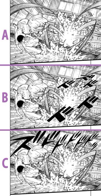 A(書き文字ナシ)に Bの書き文字入れてしっくりこなかったので Cのドラゴンボール的書き文字を入れたらしっくり。 コマ内の流れが右から左なので 書き文字もできればそれに沿うべきと考えていたけど 逆もいいのなあ～ 