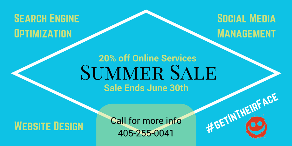 InTheirFace's tweet photo. Only a few days left to take advantage of our 20% off SALE!
#marketing #socialmedia #SEO #business #getInTheirFace http://t.co/TMgXXiYzfH