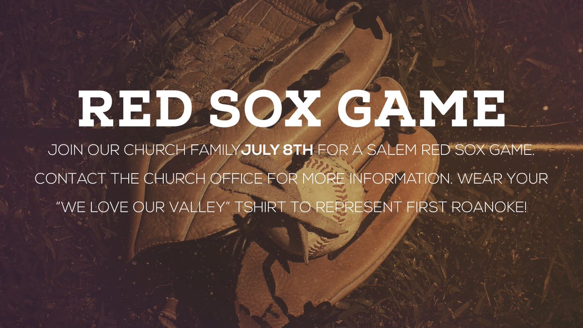 firstroanoke's tweet photo. Join us on July 8th at the @salemredsox game. Contact the church office to reserve your tickets. #FirstRoanoke http://t.co/TZRgjyLazi