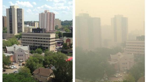 CBCSaskatoon's tweet photo. Before and after: Photos show extent of smoky day in Saskatoon
http://t.co/jnQ7QFHnSm #cbcyxe http://t.co/AkrJq4xikf