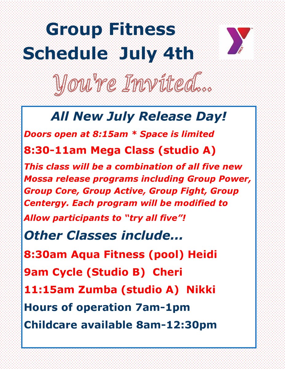 TEMPEYMCA's tweet photo. Here our are 4th of July hours and Fitness Schedule! http://t.co/MepxPyRied