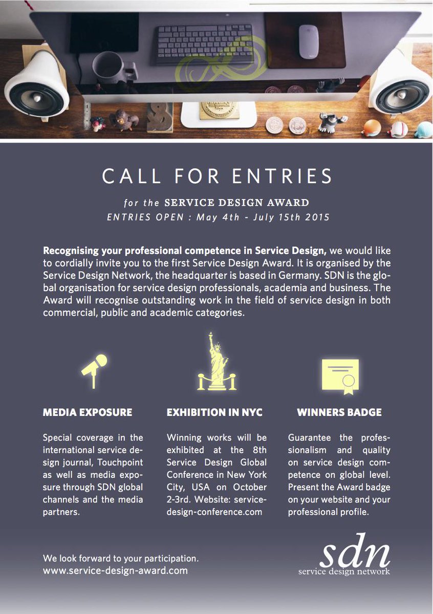Doing outstanding #servicedesign work? Then enter your project for <a href="/SDNetwork/">Service Design Network</a>’s Service Design Award until July 15