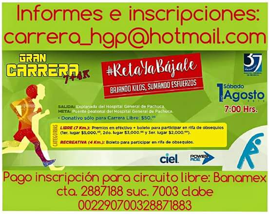 Gran carrera #7+4k #RetaYaBájale #BajandoKilosSumandoEsfuerzos  informes e inscripciones: carrera_hgp@hotmail.com