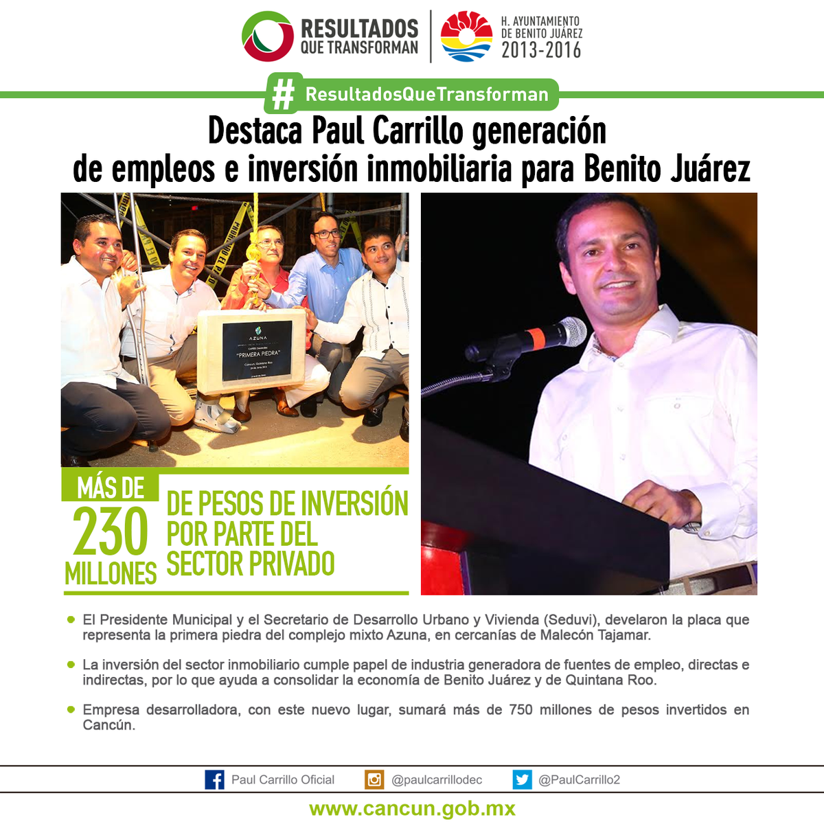 SerPlayaNews's tweet photo. #ResultadosQueTransforman Destaca @PaulCarrillo2  generación de empleos e inversión inmobiliaria para Benito Juárez http://t.co/bybsMYBAKh
