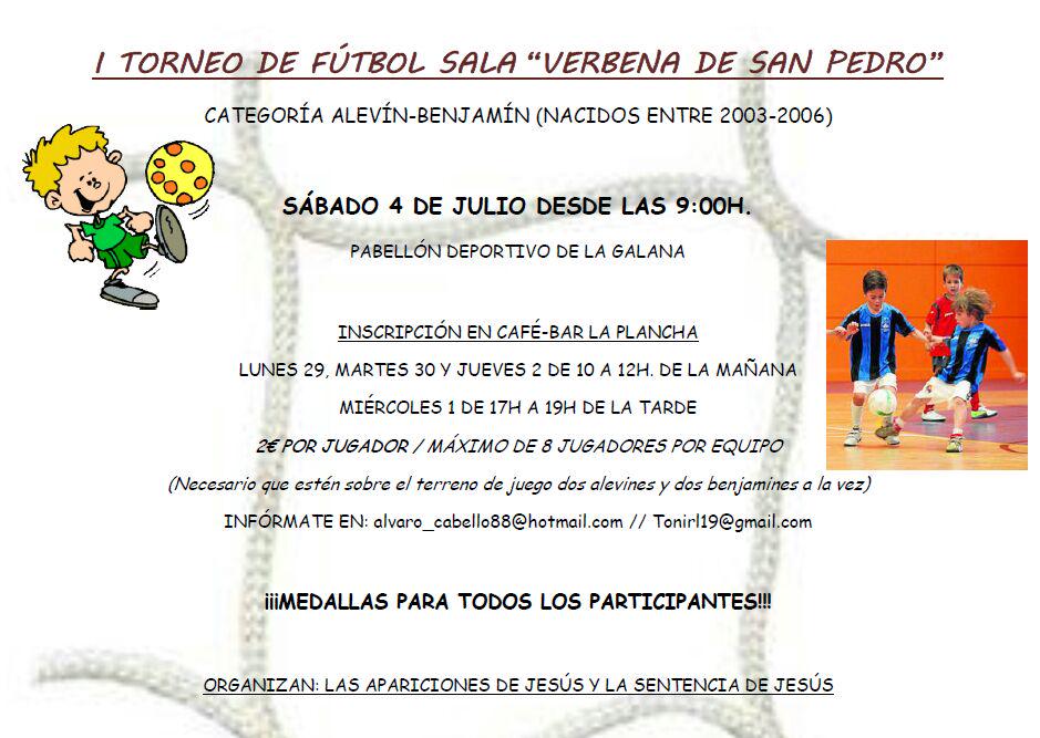 LSDJ_Doctores's tweet photo. I Torneo de Fútbol Sala "Verbena de San Pedro".
Categoría Alevín-Benjamín (Nacidos entre 2003 y 2006).
Sábado, 9:00h. http://t.co/ZTm32UkRtE