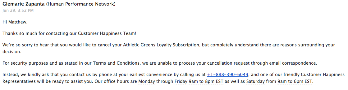 govfuturist's tweet image. .@tferriss This is getting ridiculous. #athleticgreens requires a phone call to cancel subscriptions #FilingComplaint
