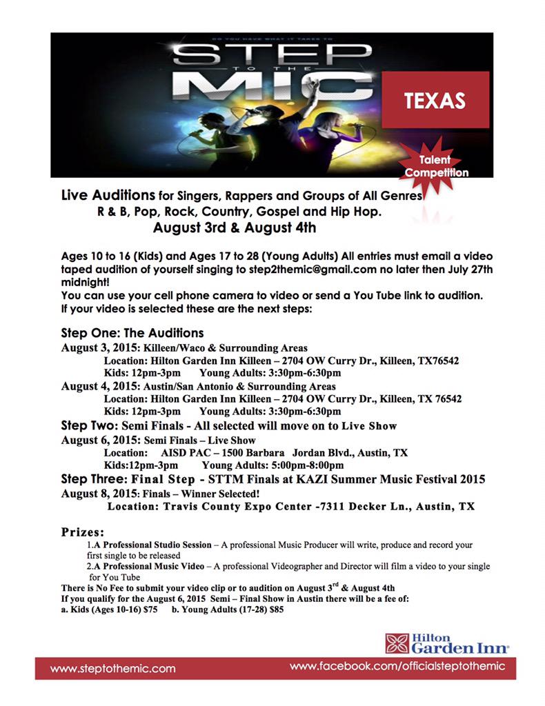 step2themic's tweet photo. Texas Auditions for Step2themic see flyer for entry rules http://t.co/75cT78MBf4