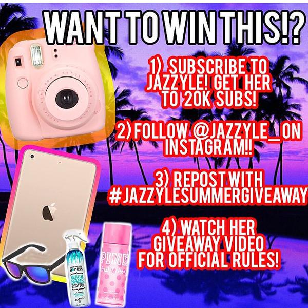 amyRUIZoficial's tweet photo. @jazzyle_ 's awesome summer giveaway where she gives an iPad, a polaroid, &amp; more! #jazzylesummergiveaway #jazzyto20k http://t.co/WUVdHnORXy