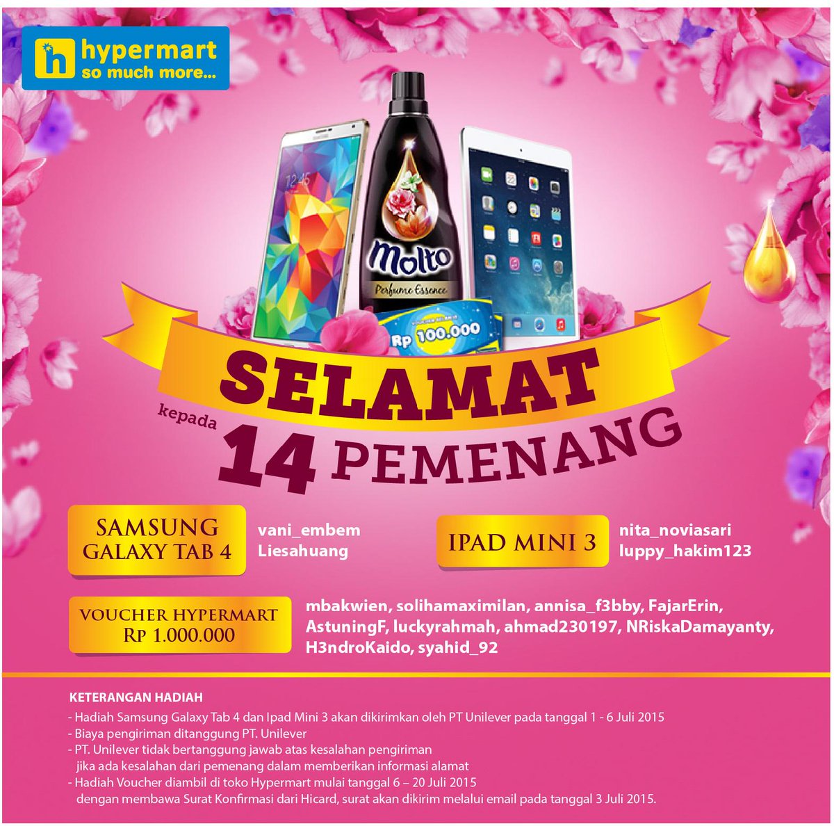 hypermart_ho's tweet photo. Selamat kpd pmnang Kontes Foto Molto.Admin mau umumin nih skrg.Pemenang dipilih berdsrkan dari Foto Terunik ya! http://t.co/ukjsTtCvsf