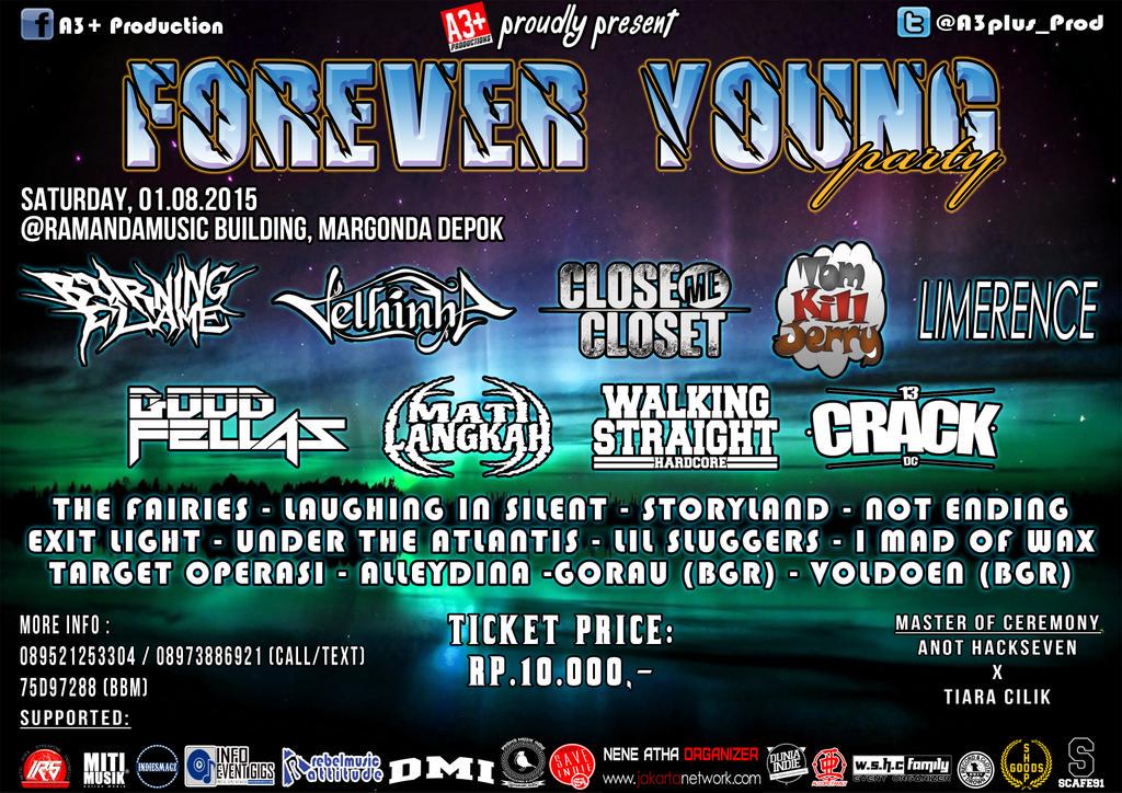 #FOREVERYOUNGPARTY | 01.08.2015 | at <a href="/ramandamusic/">Ramanda Depok Venue</a> | More Info : 089521253304/75D97288 cc: <a href="/LilSluggers_HC/">Lil' Sluggers </a>