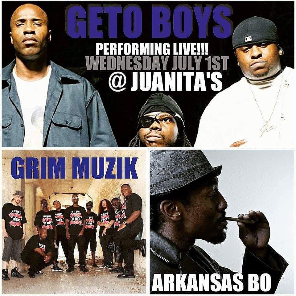 RTLDMEDIA's tweet image. Wednesday July 1st, @TheGetoBoys  @GRIMMuzik &amp;amp; Arkansas Bo will be performing live at @juanitascantina 8pm!