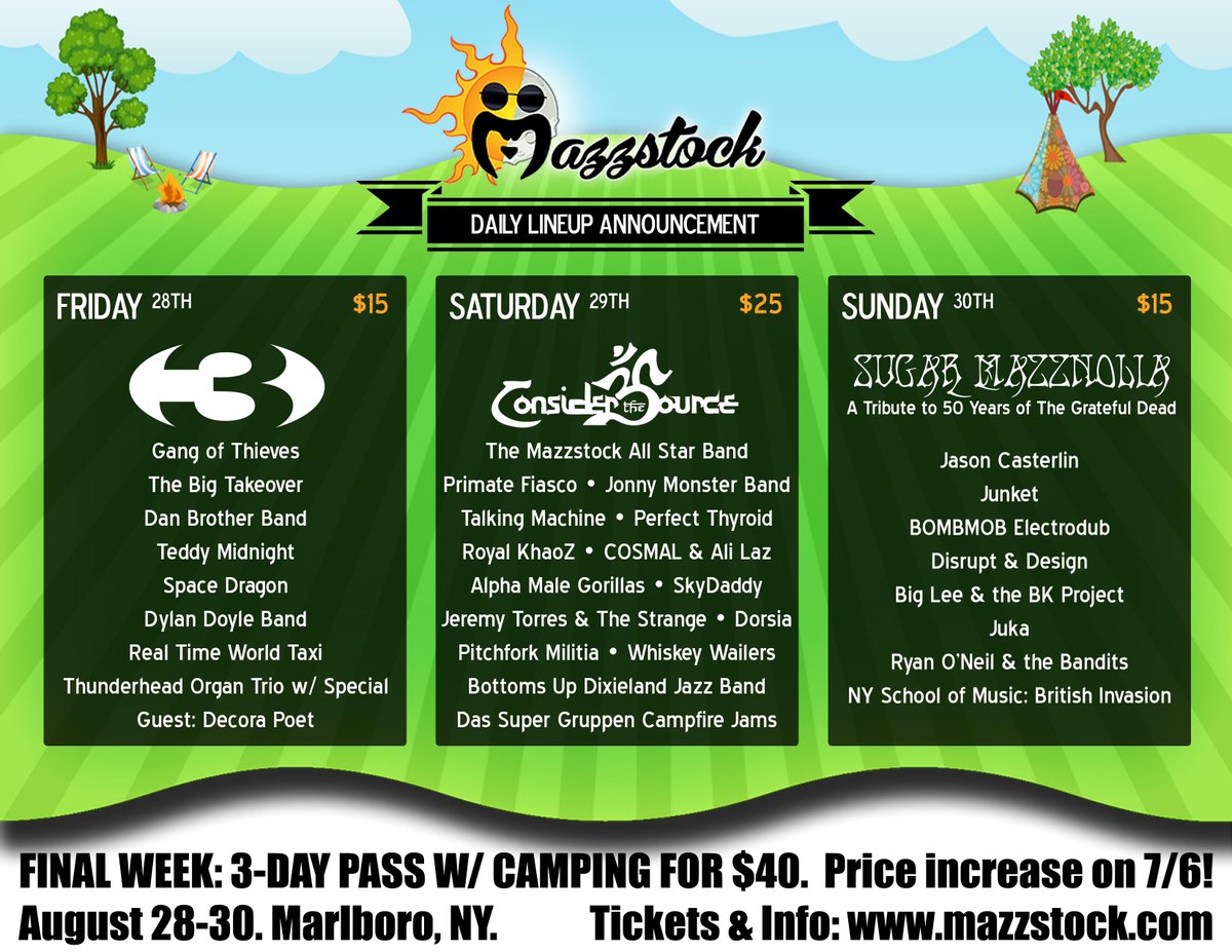 Our daily lineup is here, with day passes for the first time in Mazz-story! bit.ly/mazzstocktix #musicfestival #ny
