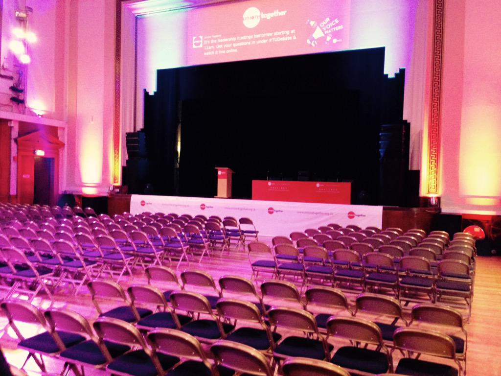 All set up for the <a href="/unionstogether/">unionstogether</a> leadership hustings at 11am. Tweet your  qs to #TUdebate unionstogether.org.uk/hustings
