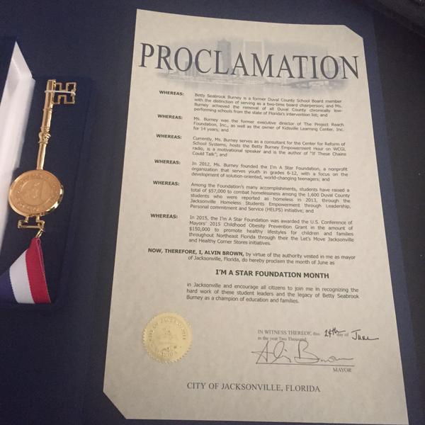 imastarfound1's tweet photo. The I'm A Star Foundation received a Proclamation and a  key to the city of Jacksonville, Florida. http://t.co/z8bM58sWX4