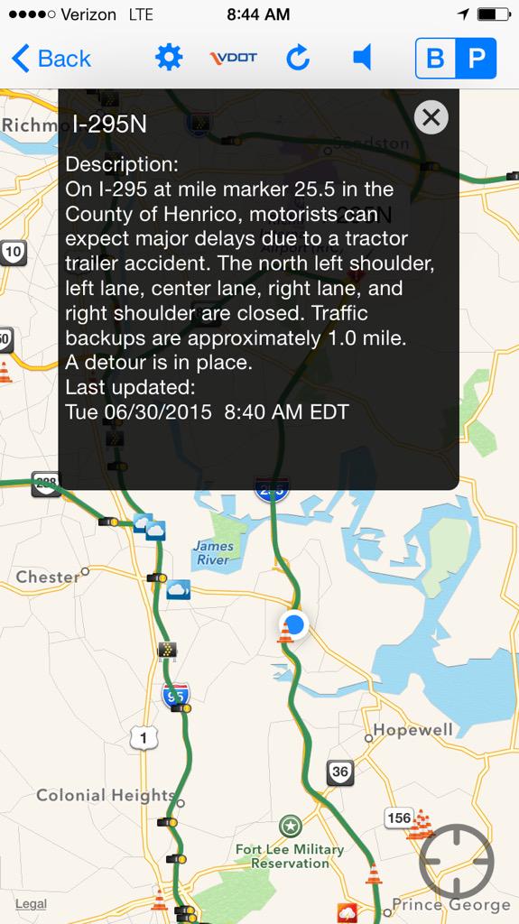 VaDOTRVA's tweet photo. I-295 NB closed near Rt. 895 in #Henrico due to crash. Traffic is using Exit 22 to Rt. 5. 1 mi. backup. #RVAtraffic http://t.co/usStvkbYgg