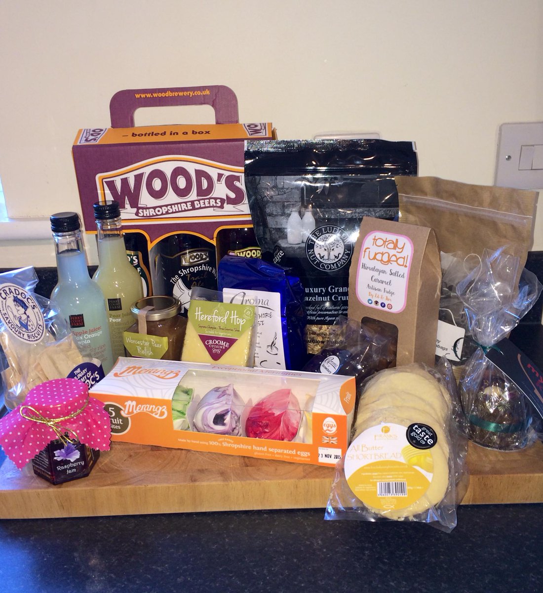 lanyonbowdler's tweet photo. Lovely hamper of goodies from @shrewsfoodfest such as @littleroundcake to be sent to winner of comp #lotsofentries http://t.co/buu4PC8RRm