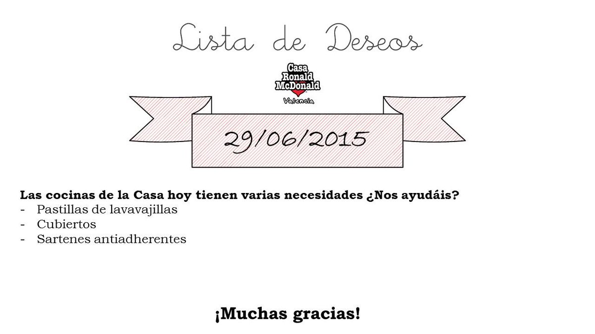 CasaRonaldVLC's tweet photo. Nuestra #Listadedeseos hoy necesita varias cosas para la cocina ¿Nos ayudas? ¡Muchas gracias! http://t.co/27rzwpsm57